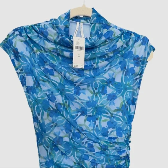 Anthropologie The Maya Ruched Cowl-Neck Dress Mesh Edition Blue Floral Dress - Picture 8 of 16